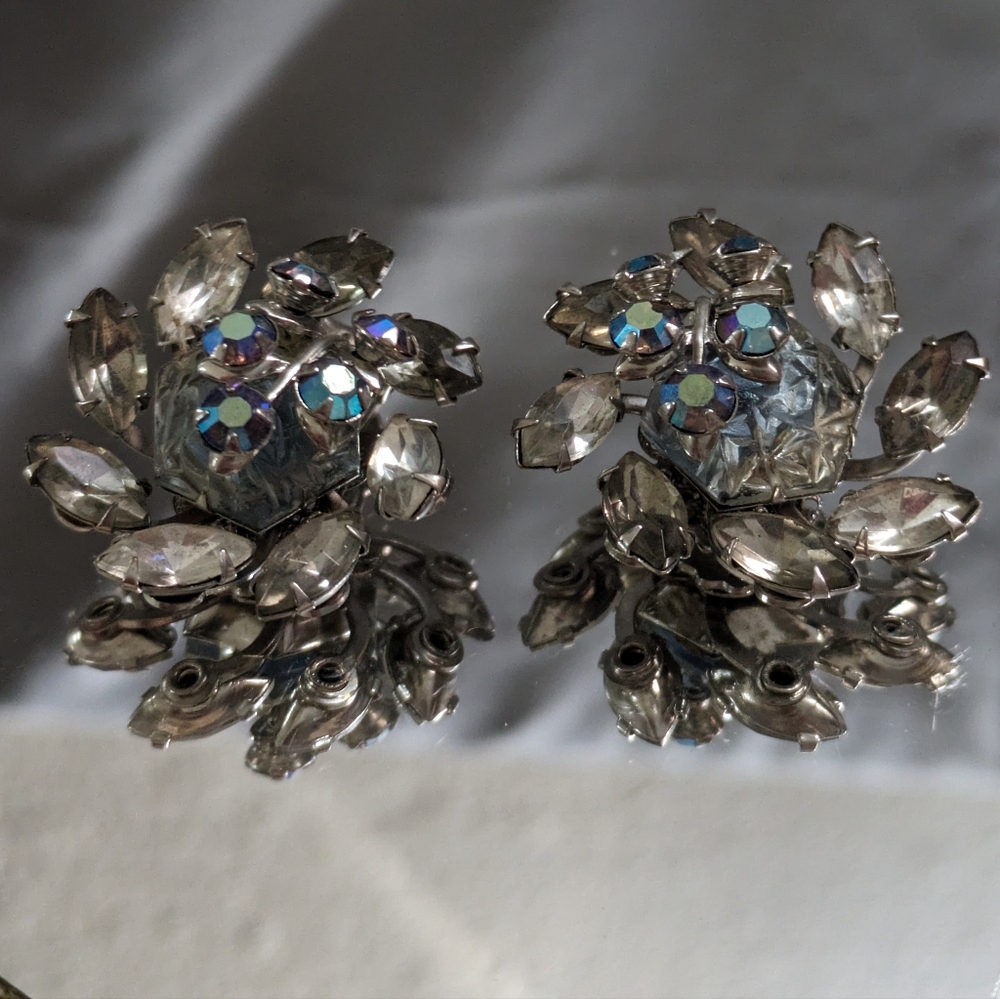 Beaujewels Vintage Clip On Earrings Clear and Aurora Rhinestones